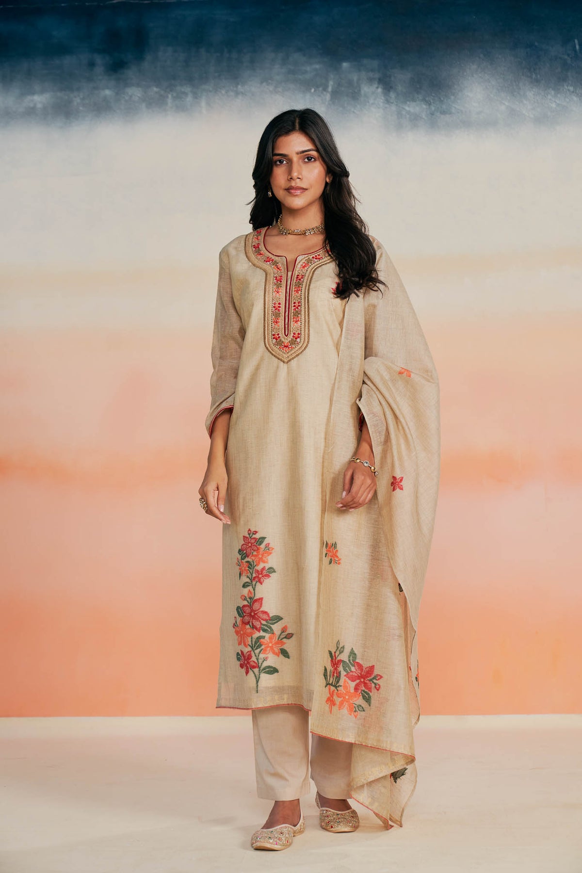 Ecru Linen Jacquard Suit Set with Silk Thread Embroidery