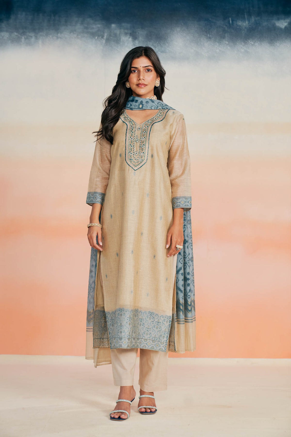 Linen Jacquard Suit Set with Embroidery