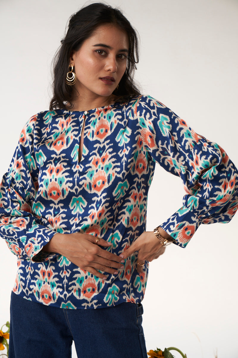 Blue Bemberg Satin Shirt – Boat neck, long cuff sleeves, Bemberg Satin, top