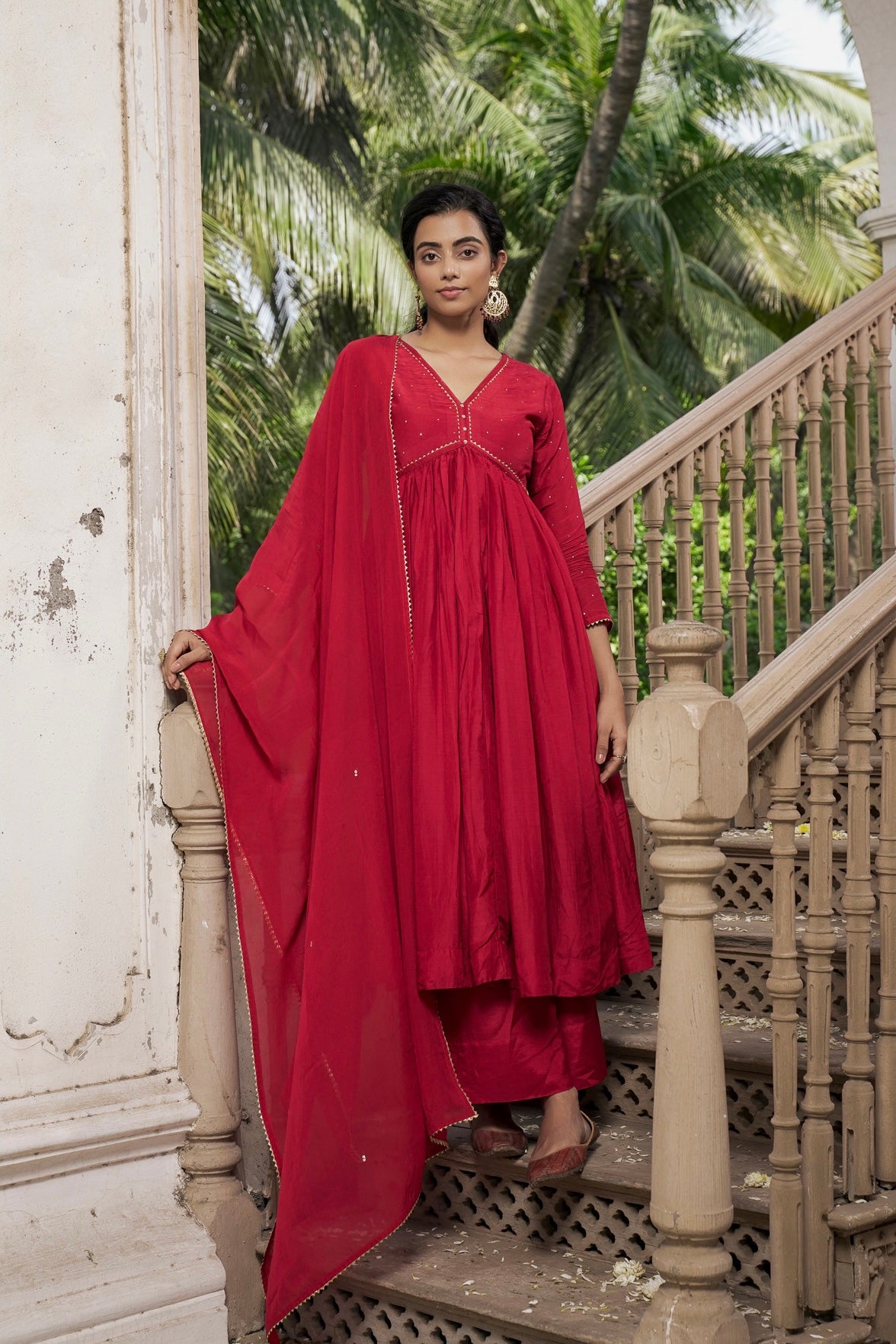 Crimson Red Suit Set with Mukes Work and Organza Dupatta