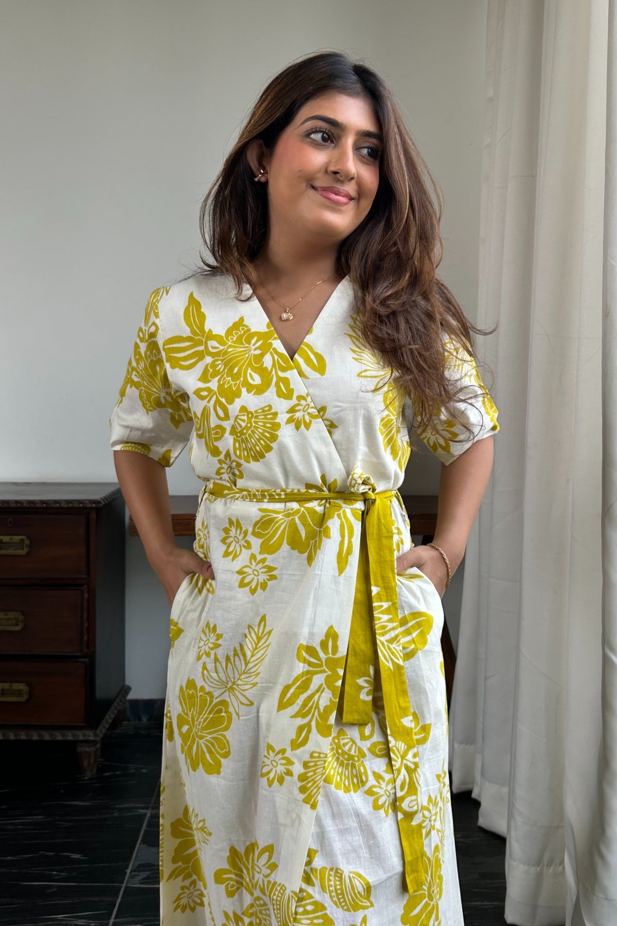 Yellow Block Printed Flower Drape Dress