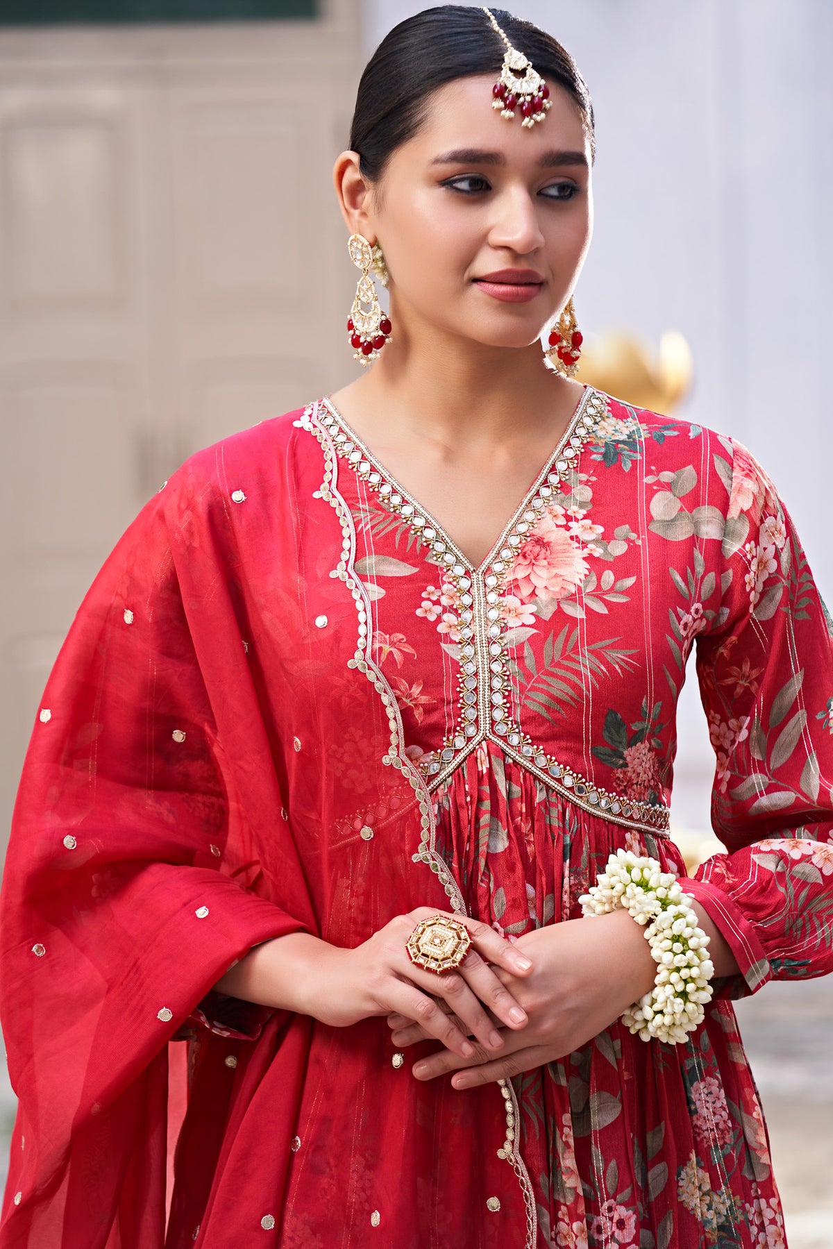 Red Chinon Chiffon Lurex Suit Set with Mirror Work