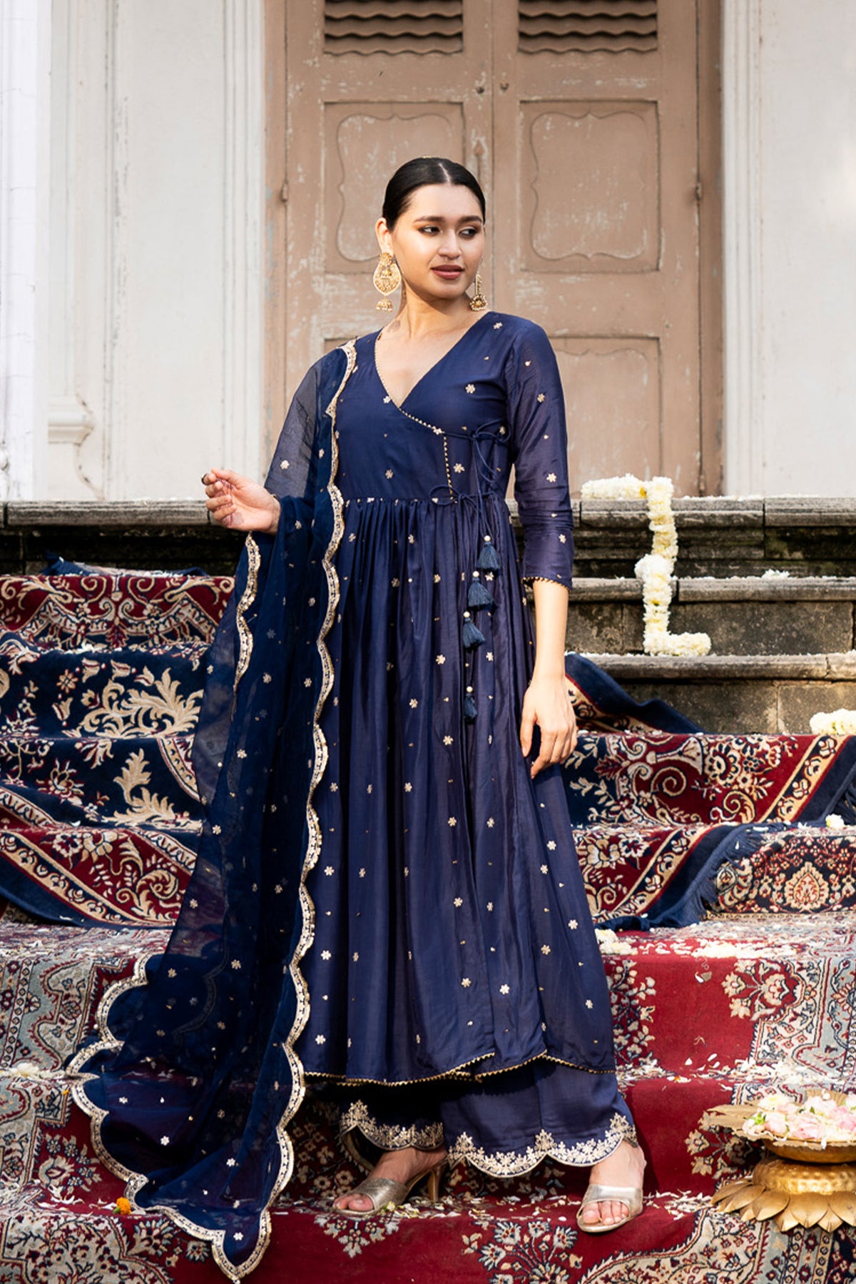 Blue Angrakha with Scallop Organza Dupatta and Palazzo