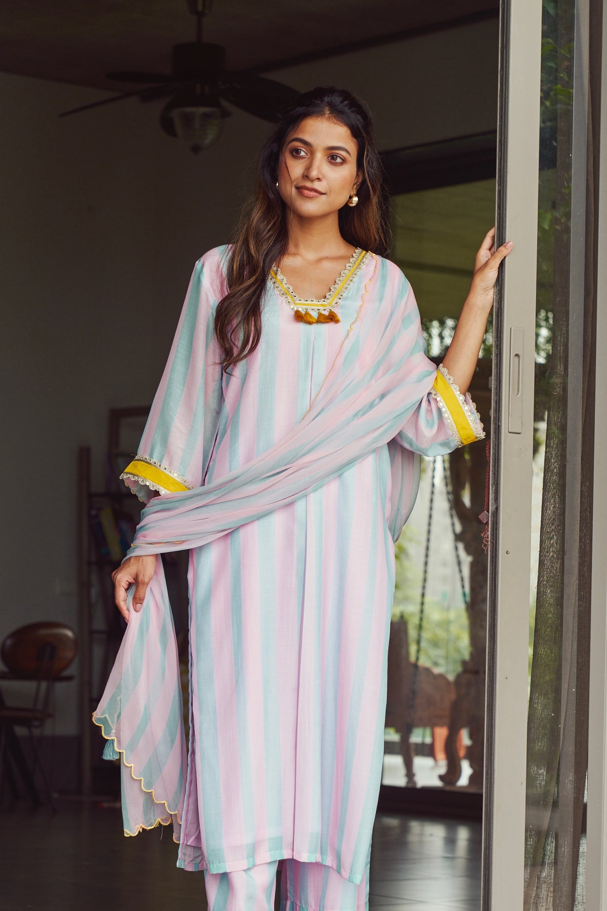 Pastel Striped Kurta with Yellow Accents