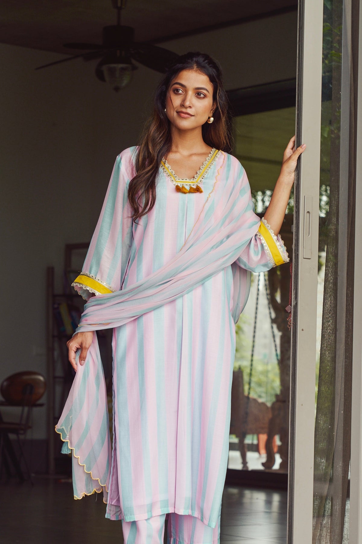 Pastel Cotton Silk Striped Kurta with Yellow Accents