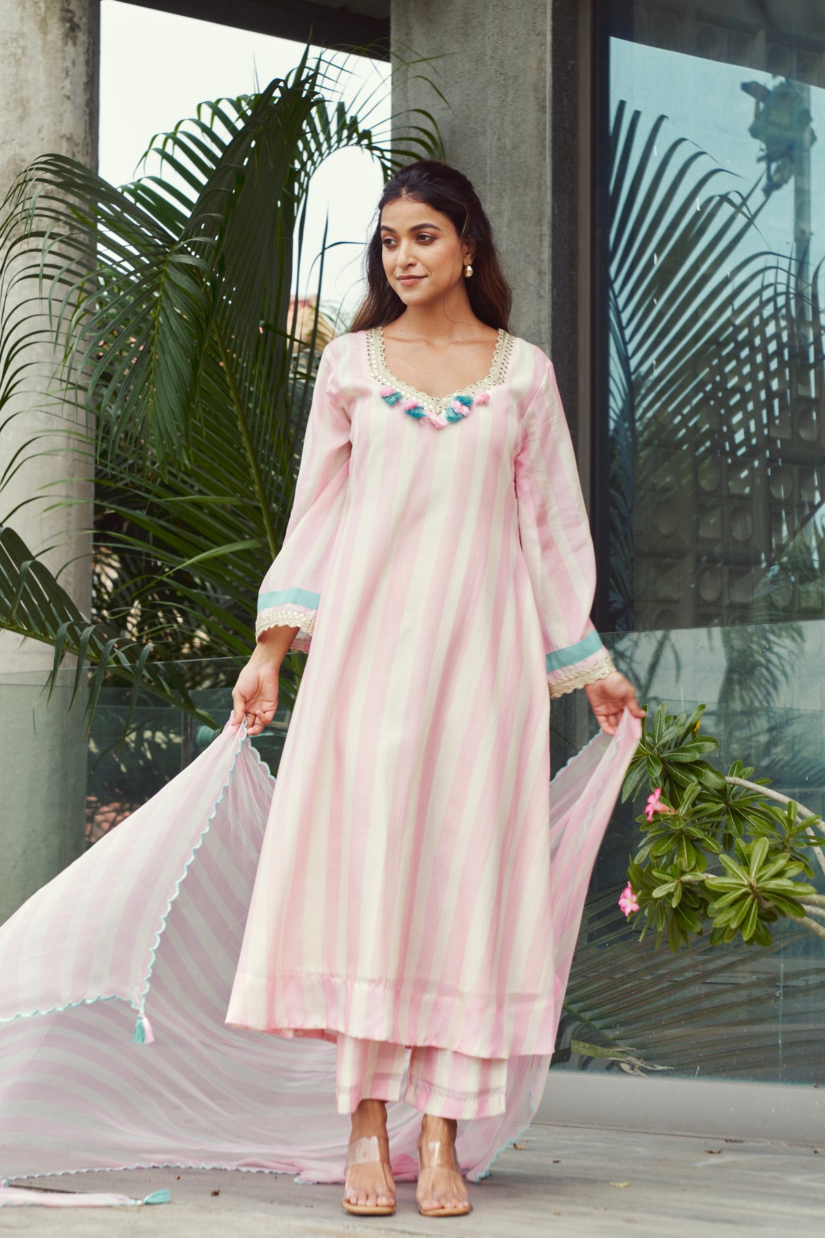 Blush Pink Striped Kurta with Tassels