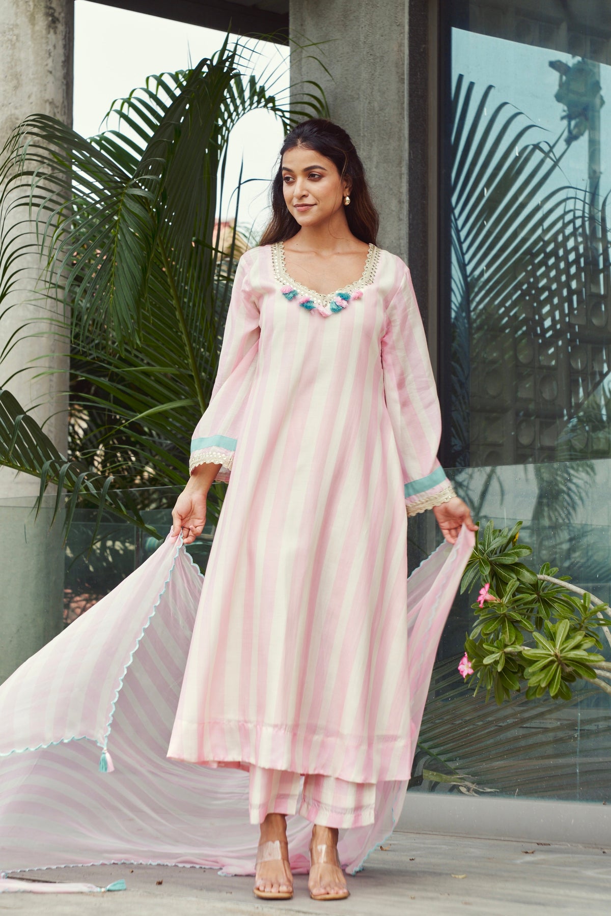 Blush Pink Striped Kurta with Tassels
