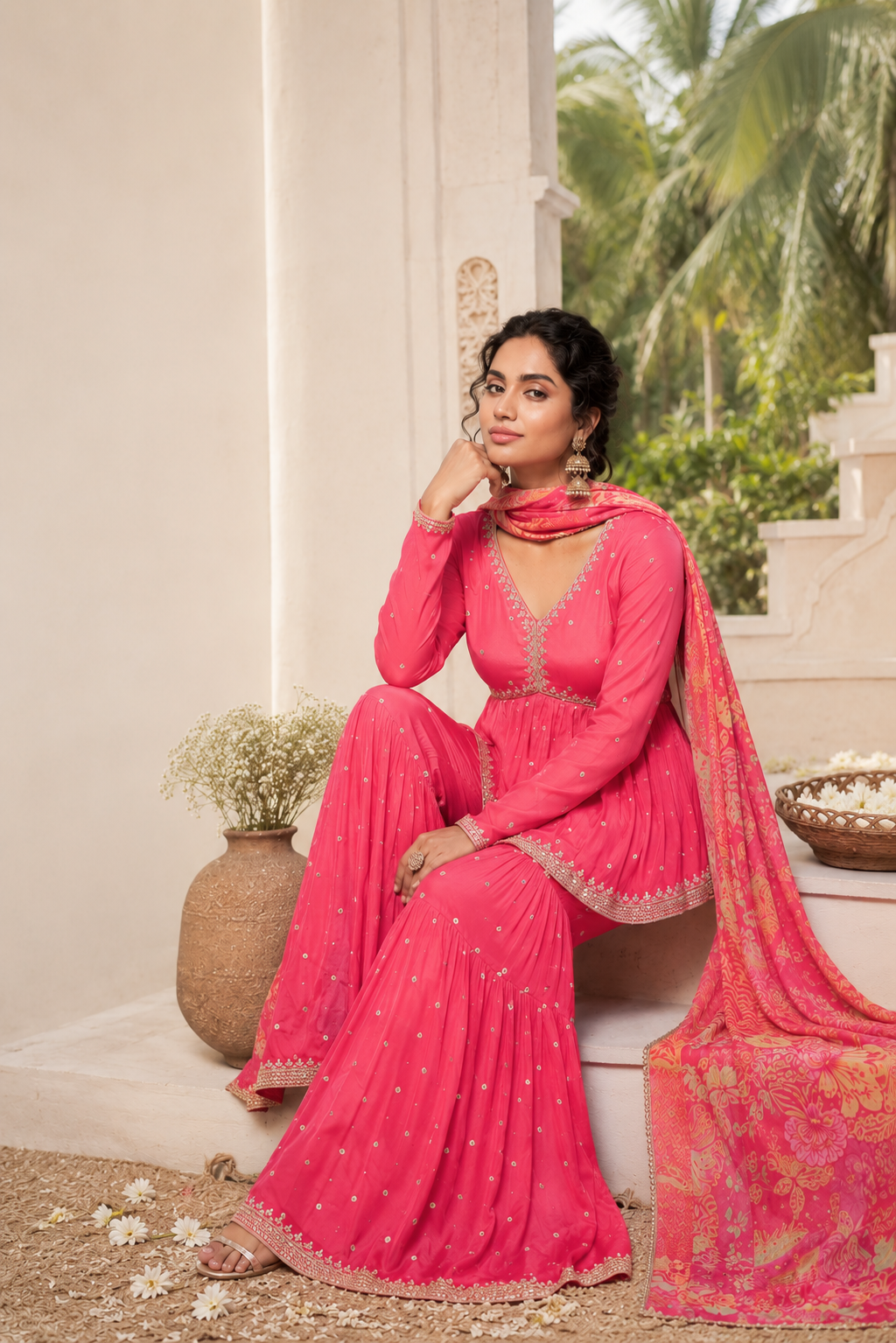 Coral Pink Peplum Top with Sharara Pants Co-ord with Printed Dupatta
