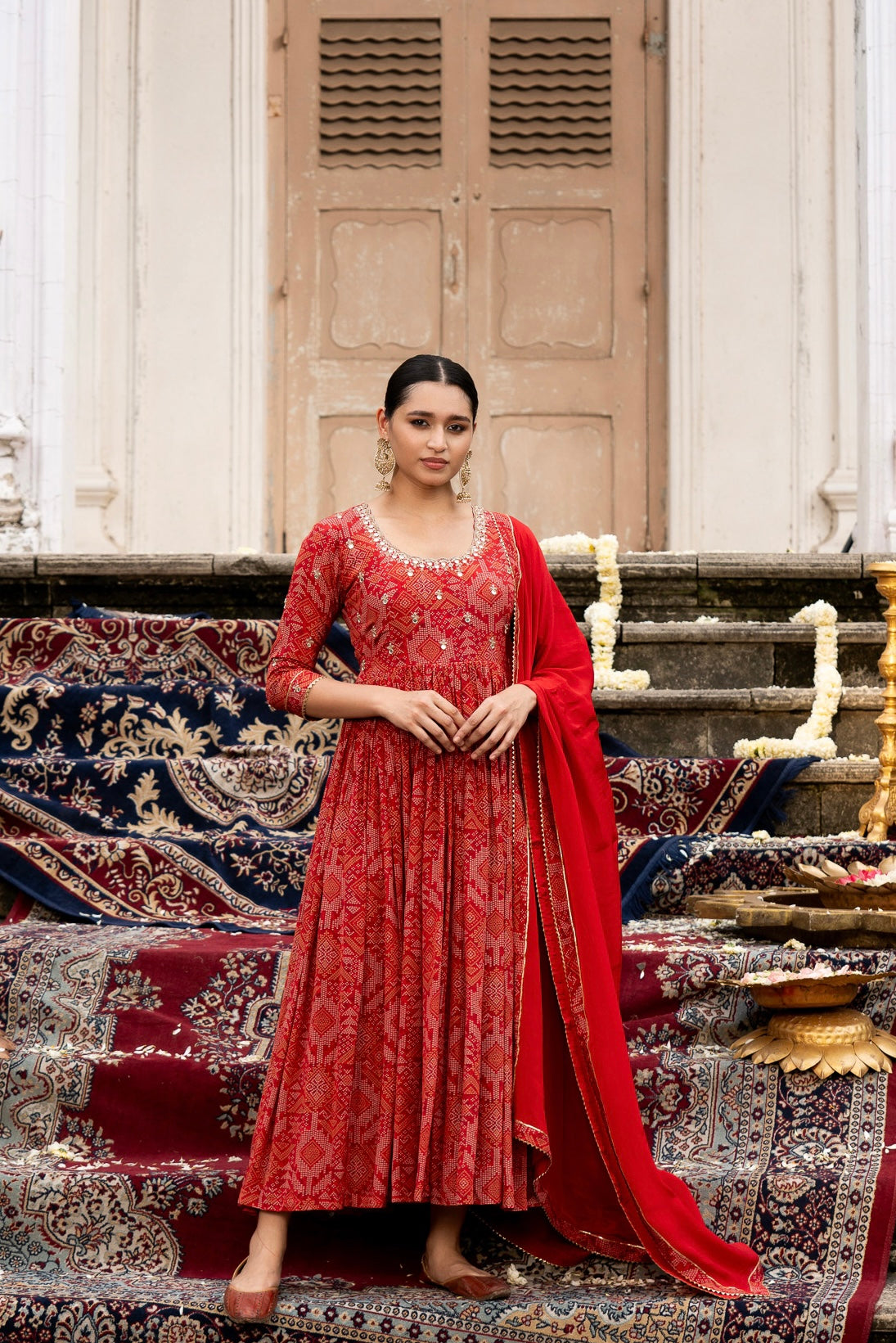 Red Bandhni Print Crepe Gown with Dupatta