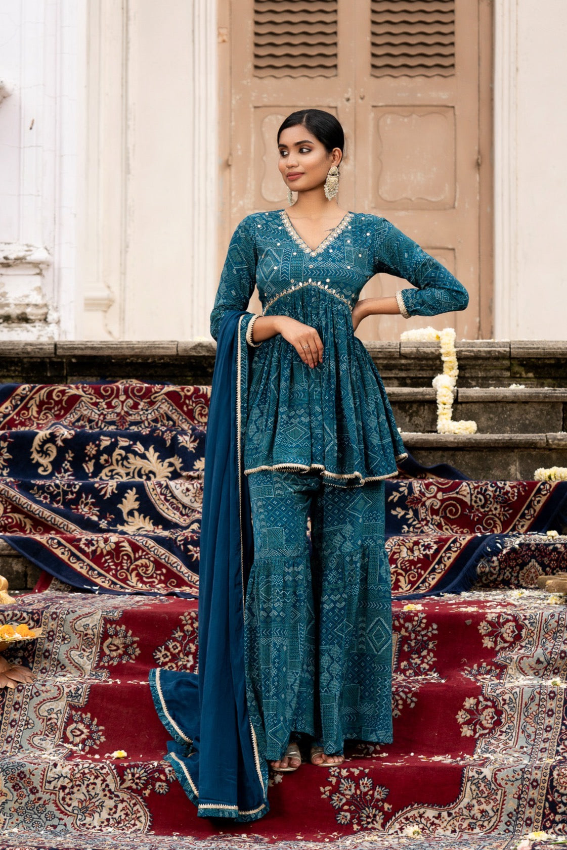 Blue Bandhni Print Crepe Co-Ords with Mirror work and Dupatta