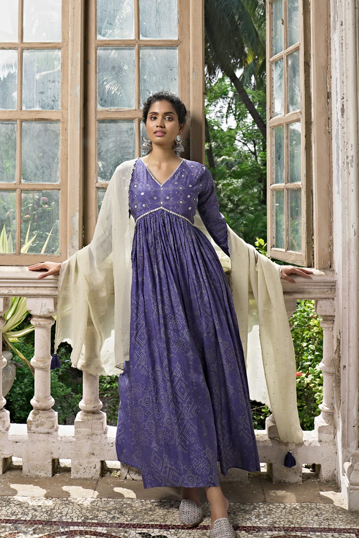 Indigo Blue Bandhni Gown with Organza Dupatta