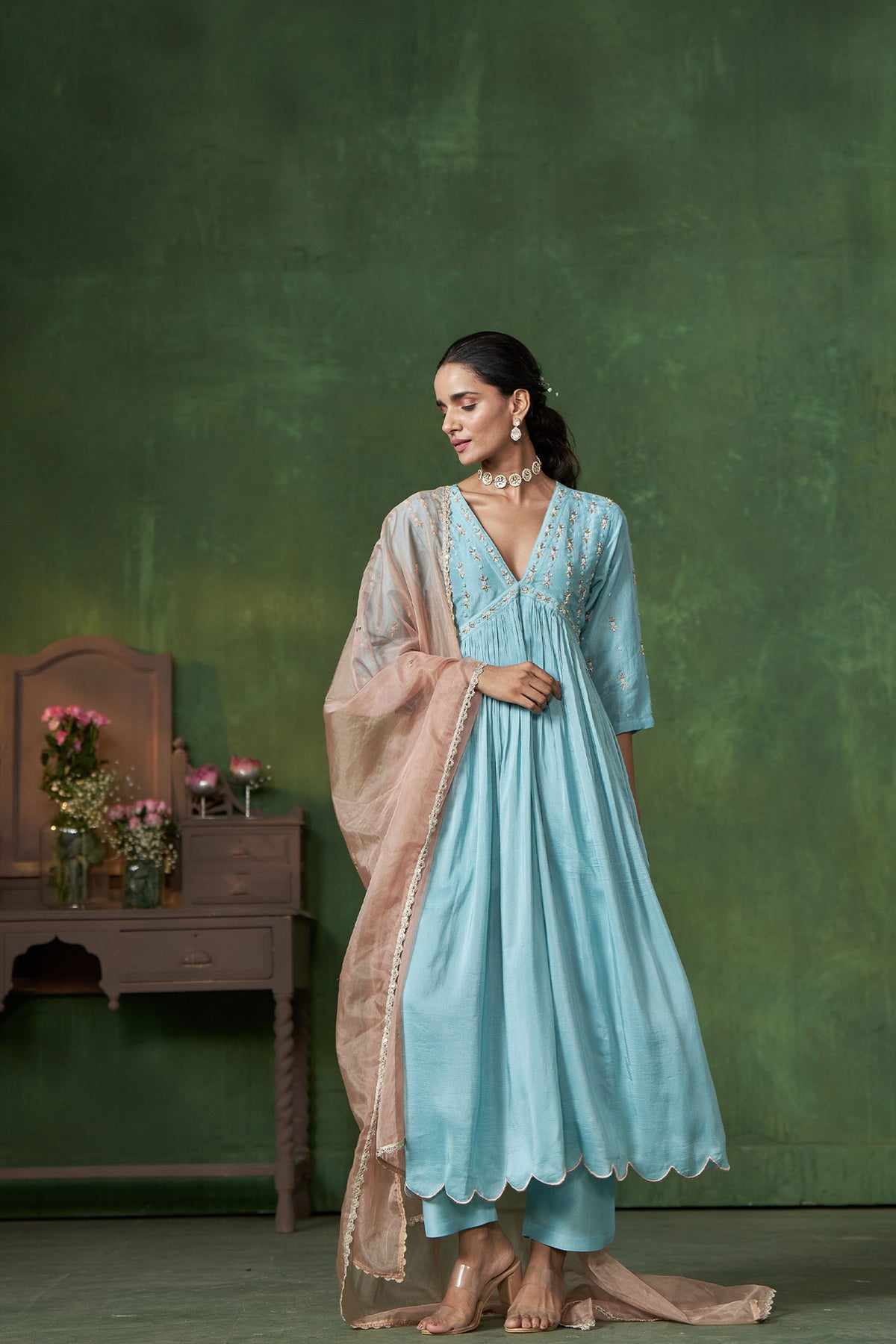 Powder Blue Hand Embroidered Kurta Set