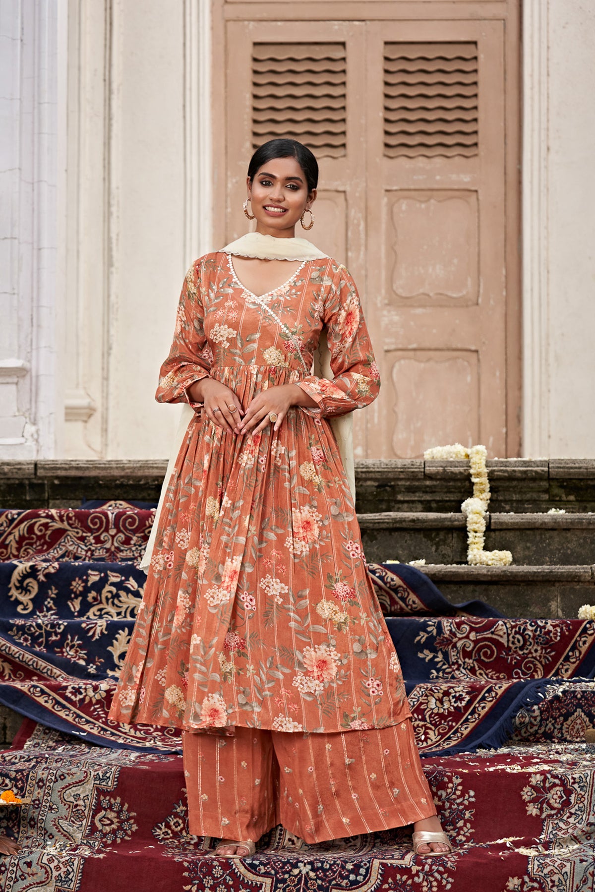 Brown Suit set with off white dupatta