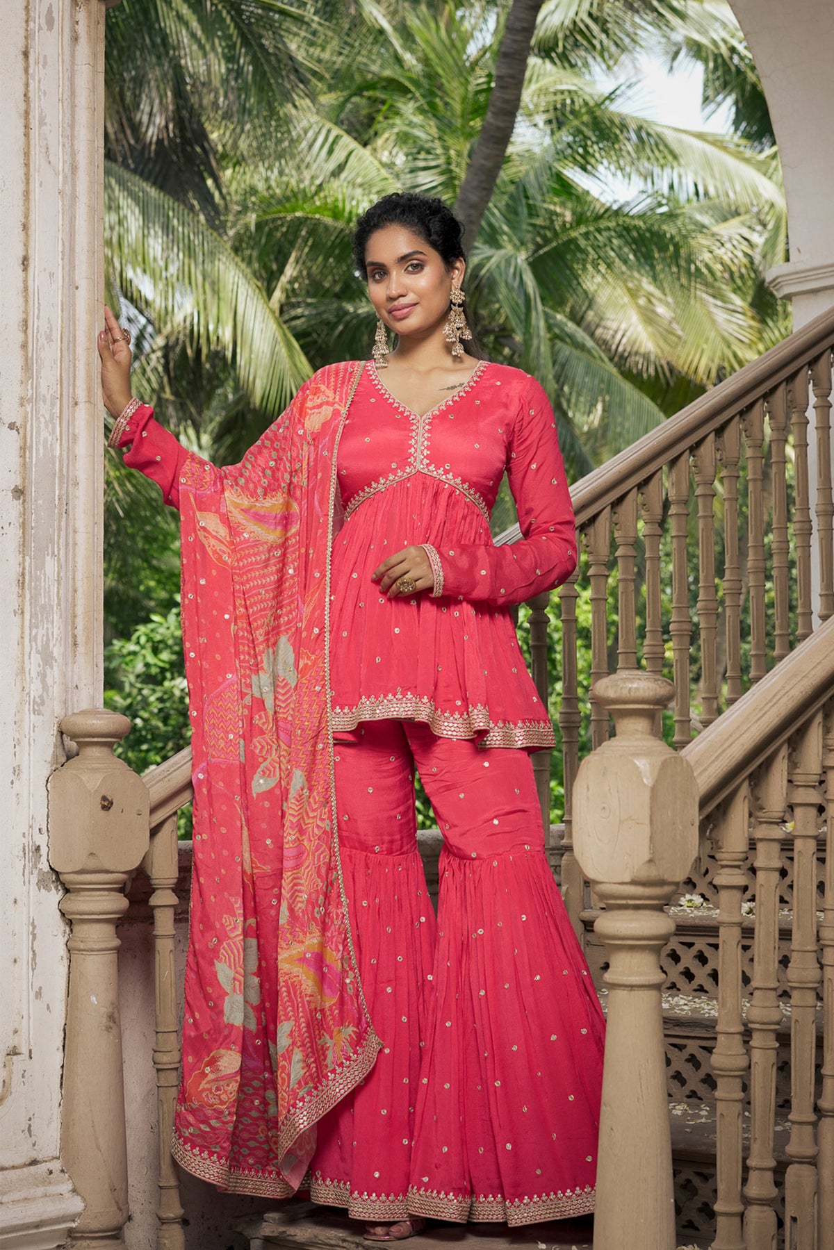 Coral Pink Peplum Top with Sharara Pants Co-ord with Printed Dupatta