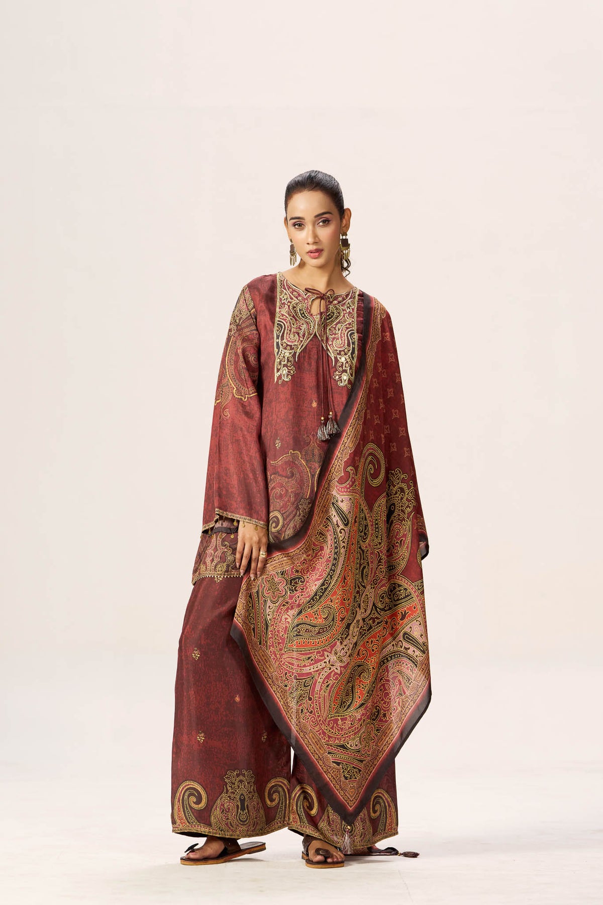 Maroon viscose kurta pant set styled with printed paisley dupatta