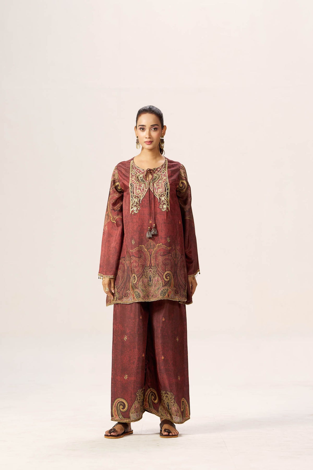 Maroon viscose kurta pant set with printed dupatta - front view