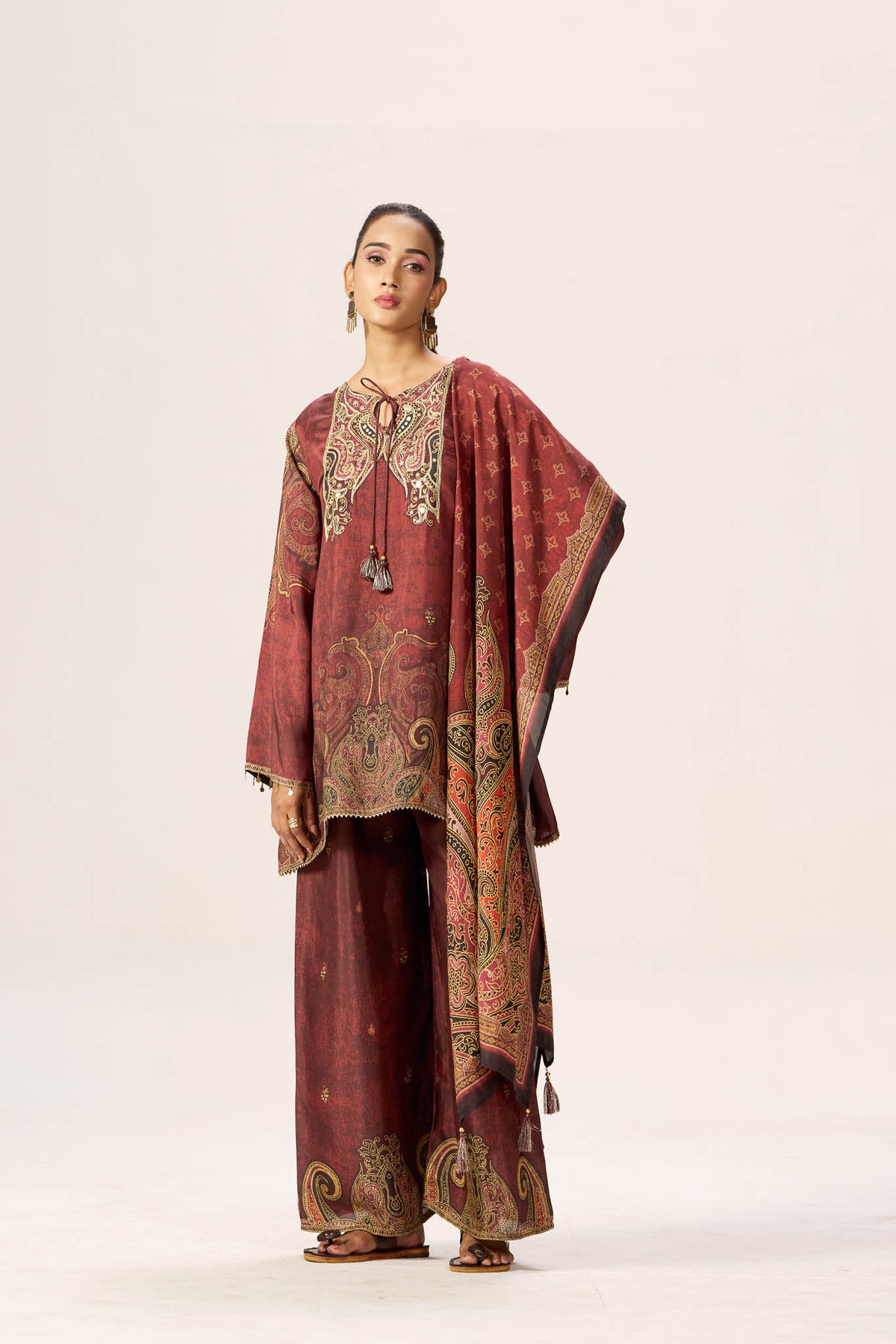 Maroon viscose kurta pant set with coordinated printed dupatta - side view