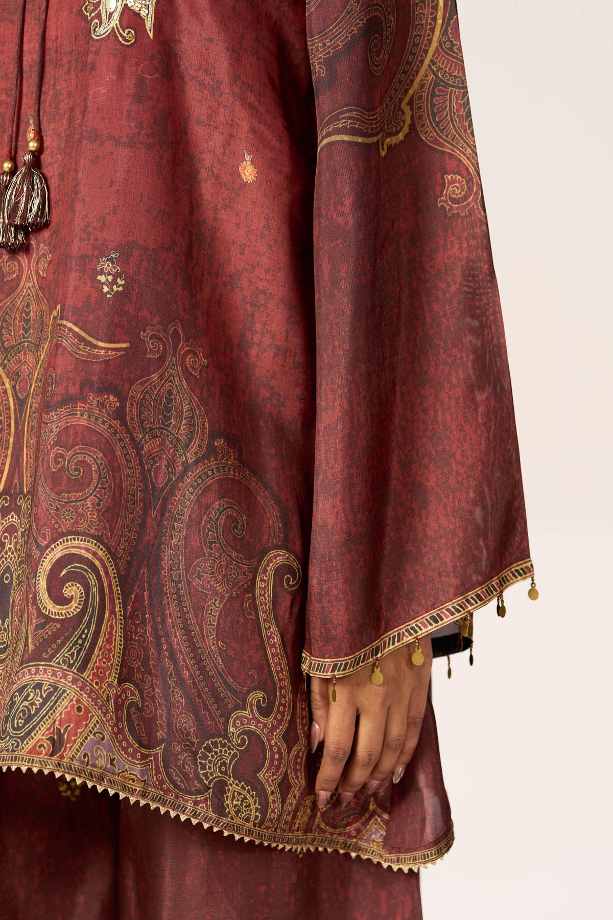 Maroon viscose kurta sleeve with paisley print and metallic trim