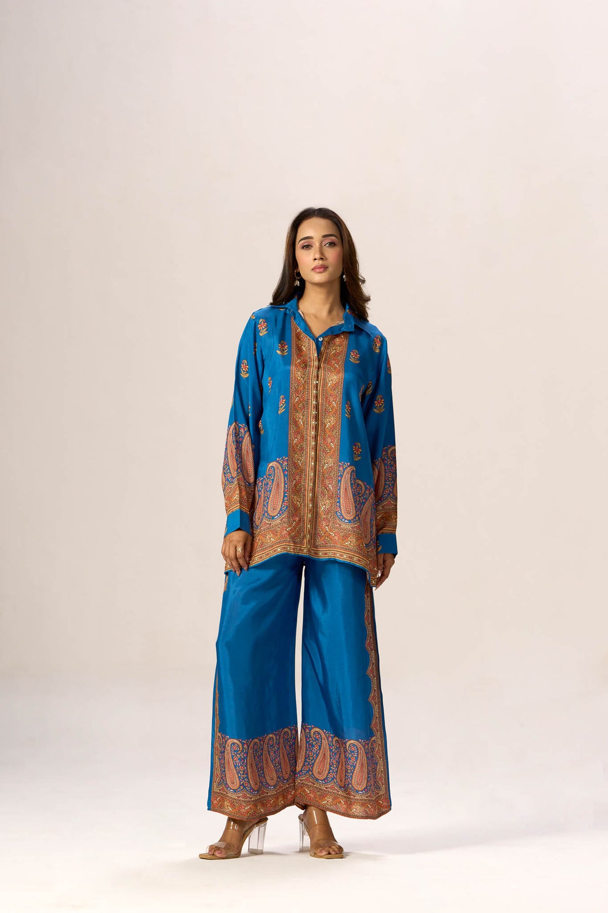 Azure paisley panel shirt and palazzo set - front view