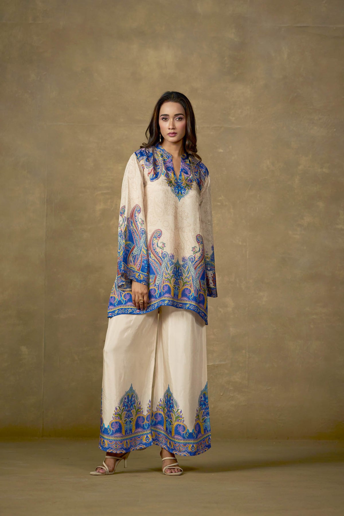 Ivory and blue viscose paisley co-ord set front view