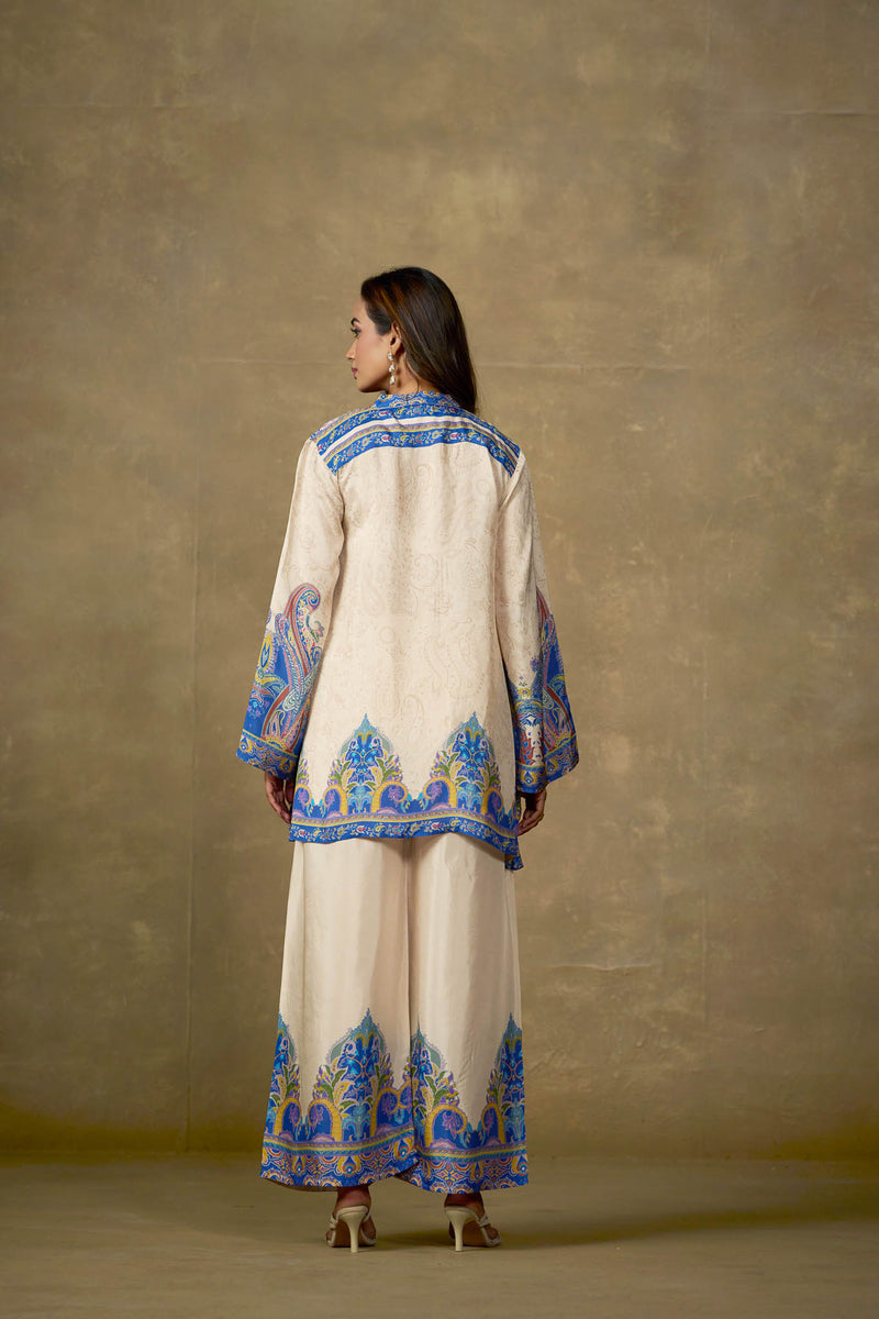 Ivory and blue viscose paisley co-ord set back view