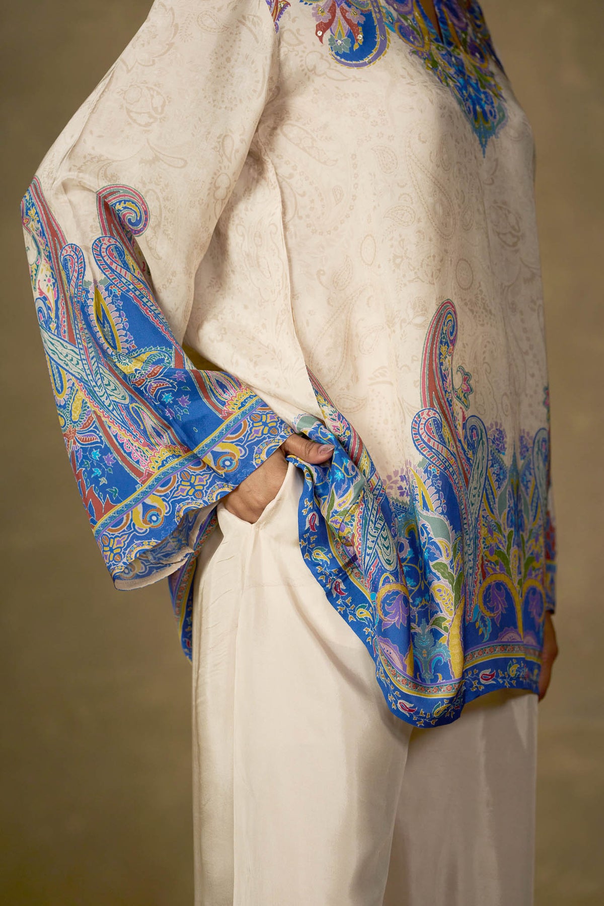 Ivory and blue viscose paisley co-ord set side and pocket detail