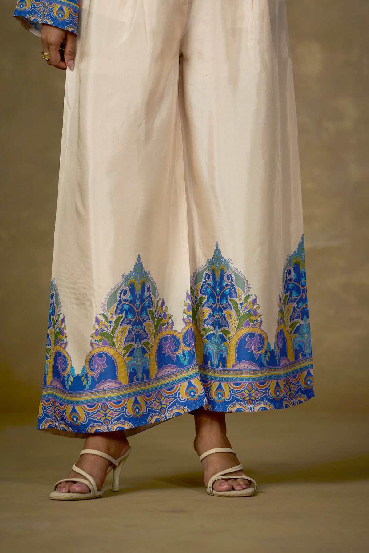 Ivory and blue viscose palazzo border and hem detail