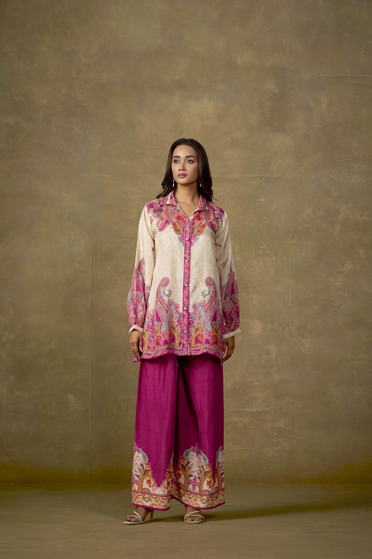 Ivory and fuchsia viscose paisley co-ord set front view