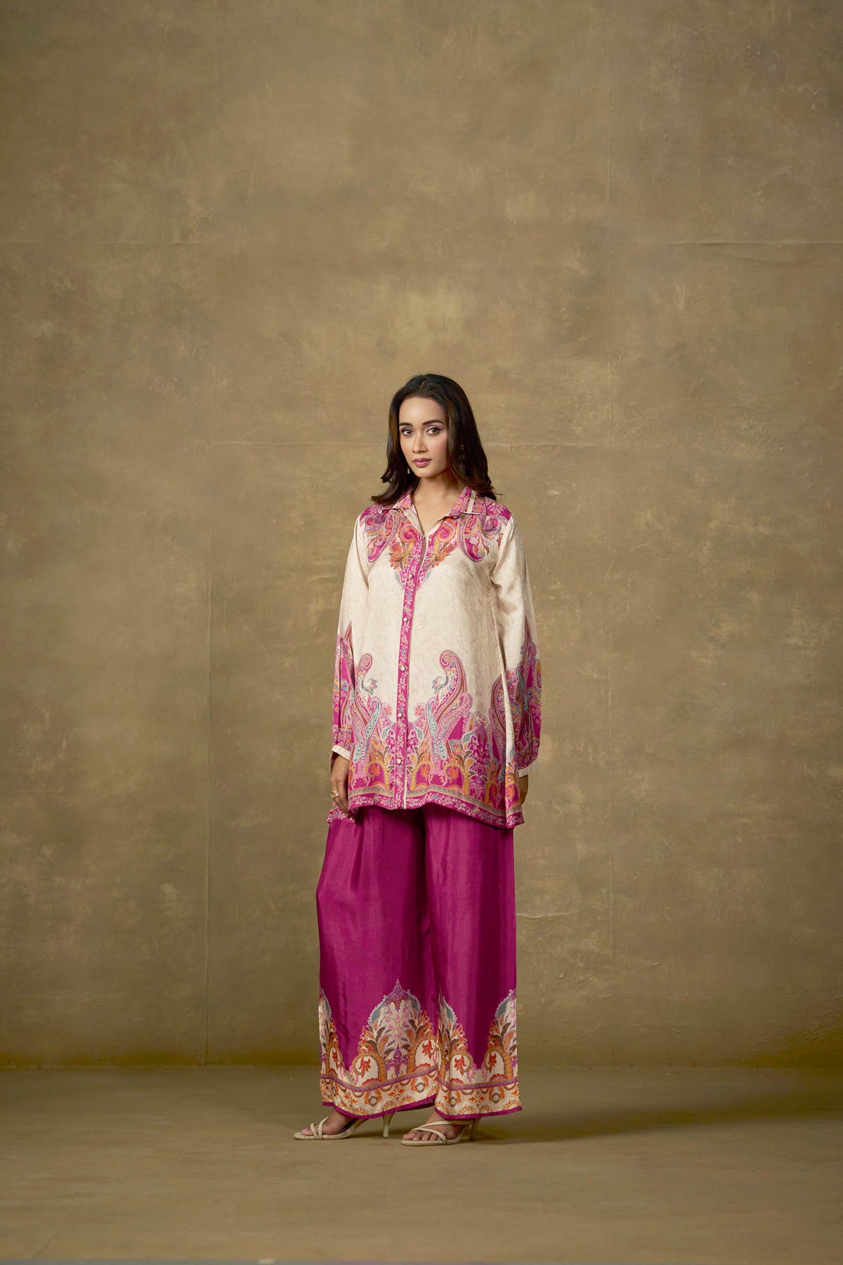 Ivory and fuchsia viscose paisley co-ord set full length view