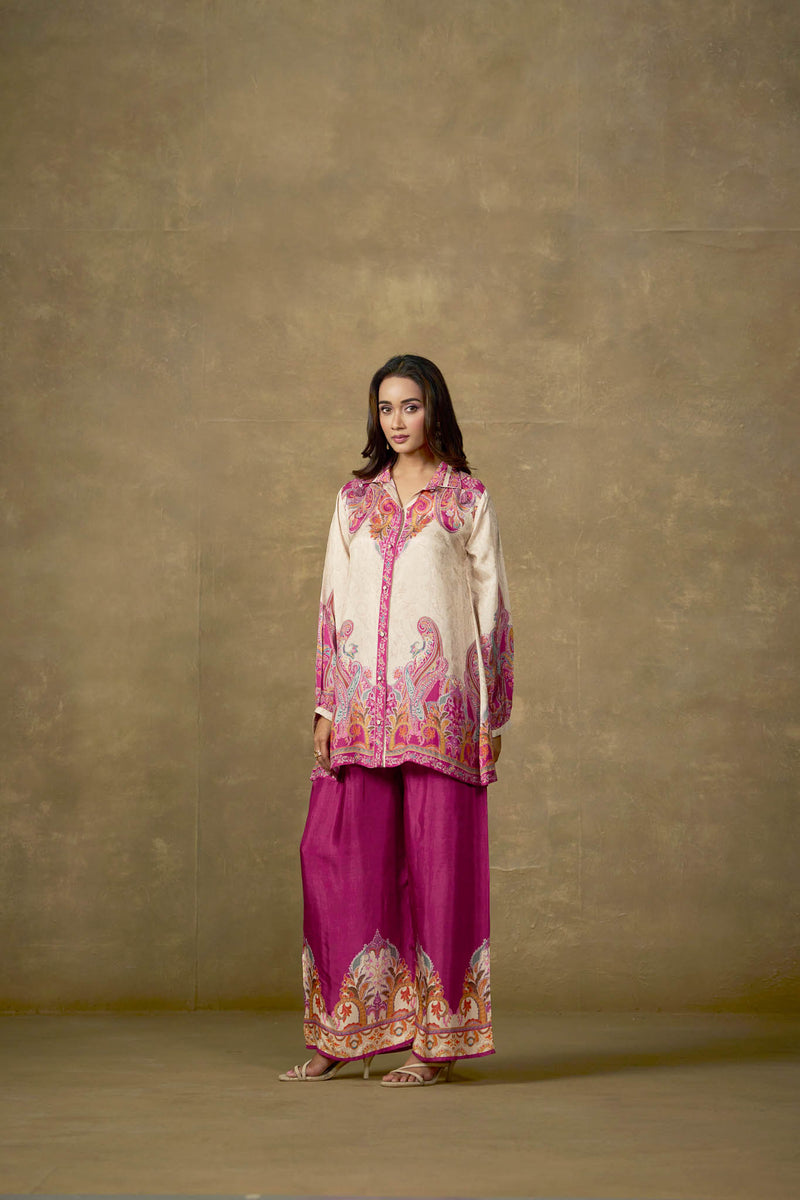 Ivory and fuchsia viscose paisley co-ord set full length view