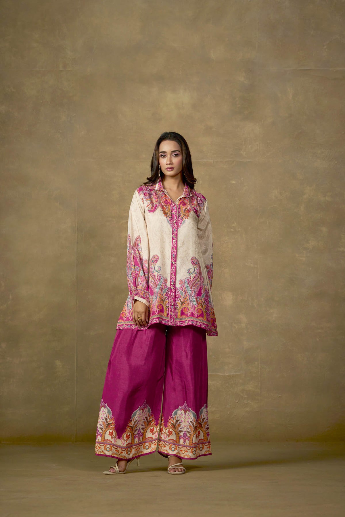 Ivory and fuchsia viscose paisley co-ord set angled front view
