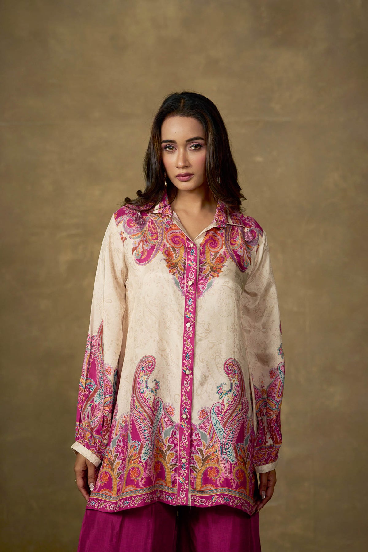 Ivory and fuchsia viscose paisley co-ord set close portrait view