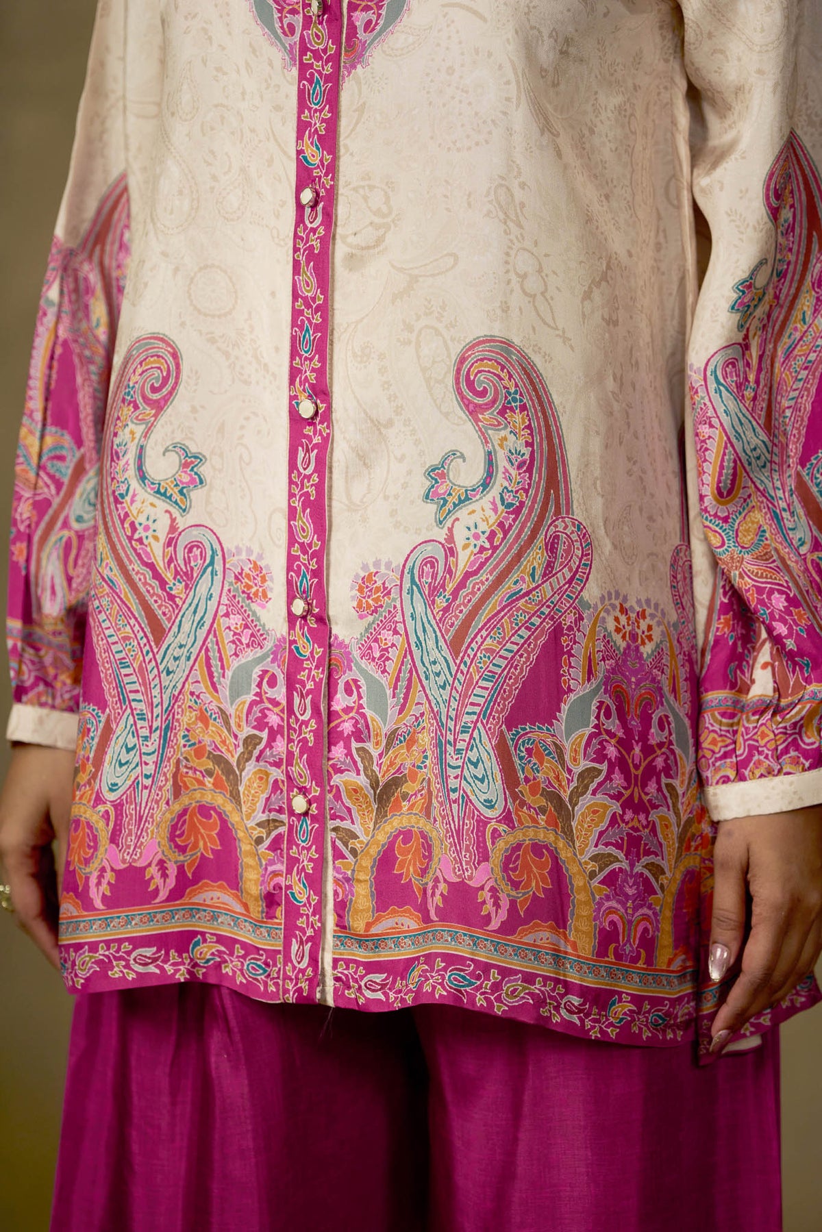 Ivory and fuchsia viscose paisley co-ord set front print detail