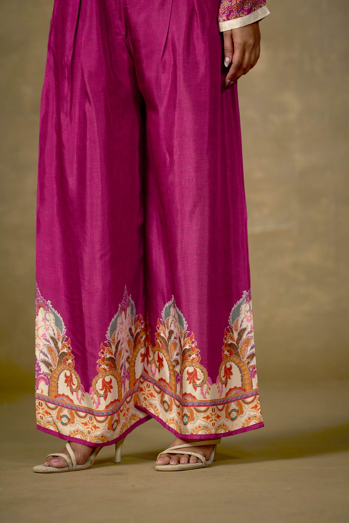 Fuchsia viscose palazzo border and hem detail