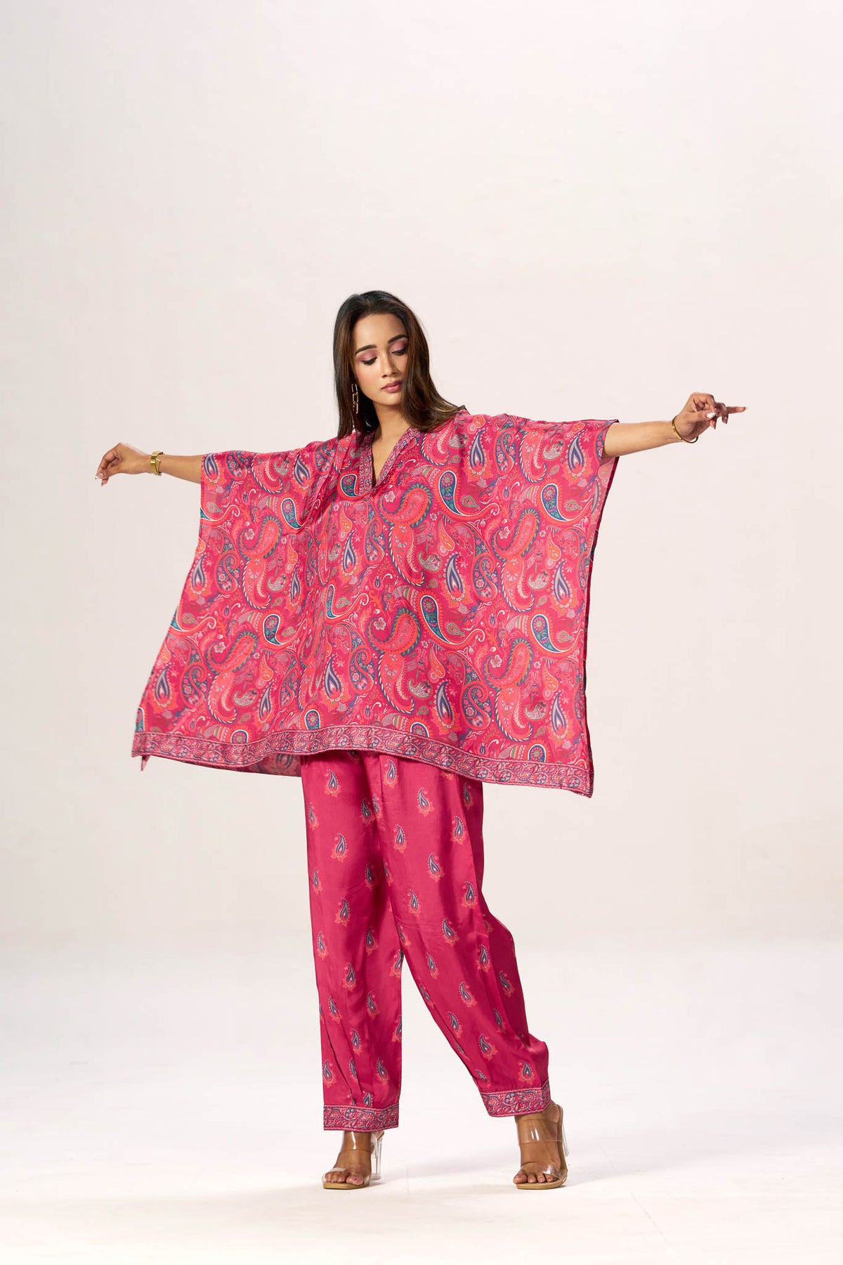 Fuchsia paisley kaftan top and pant set - front view