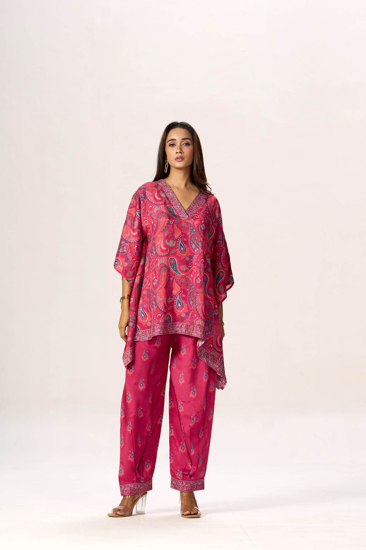 Fuchsia paisley kaftan top with fluid side drape