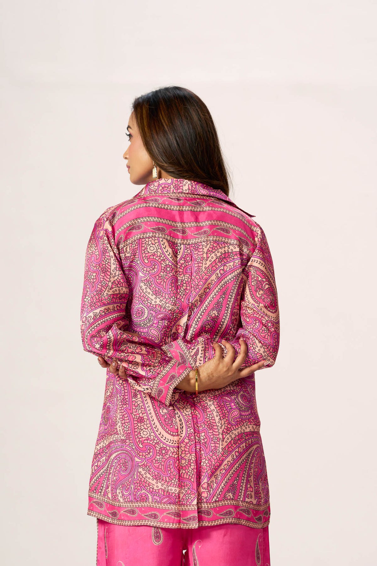Fuchsia paisley shirt and wide-leg pant set - back view