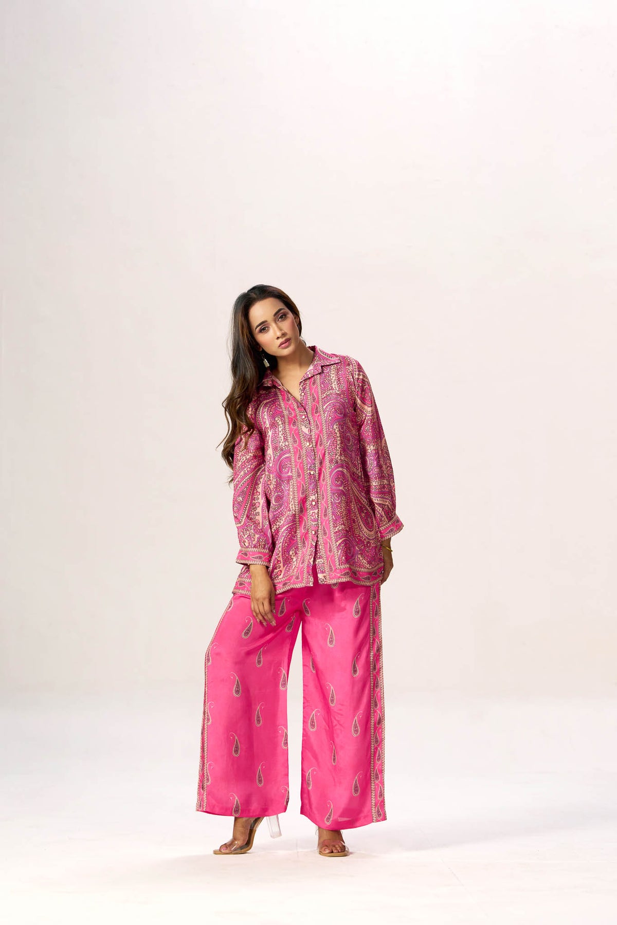 Fuchsia paisley button-down shirt and pant set - front view