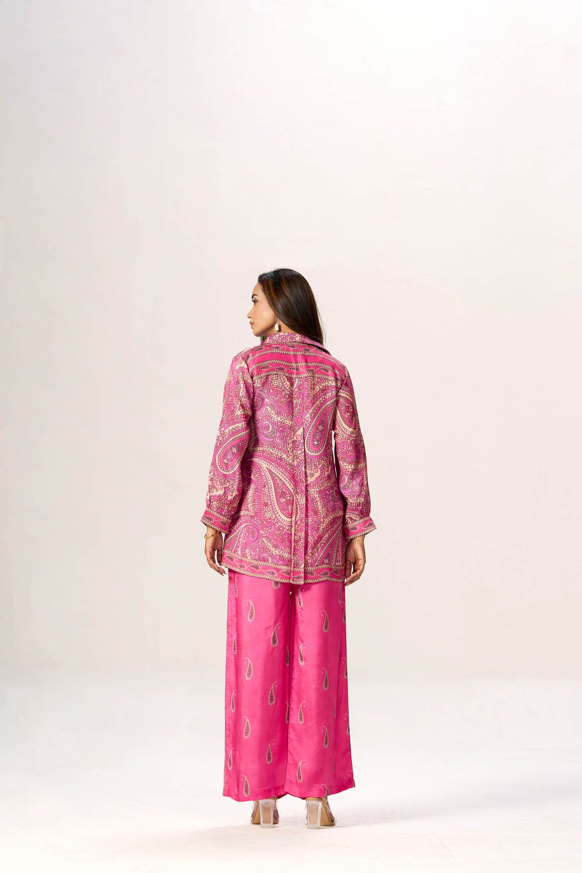 Pink paisley viscose crepe shirt co-ord - full look