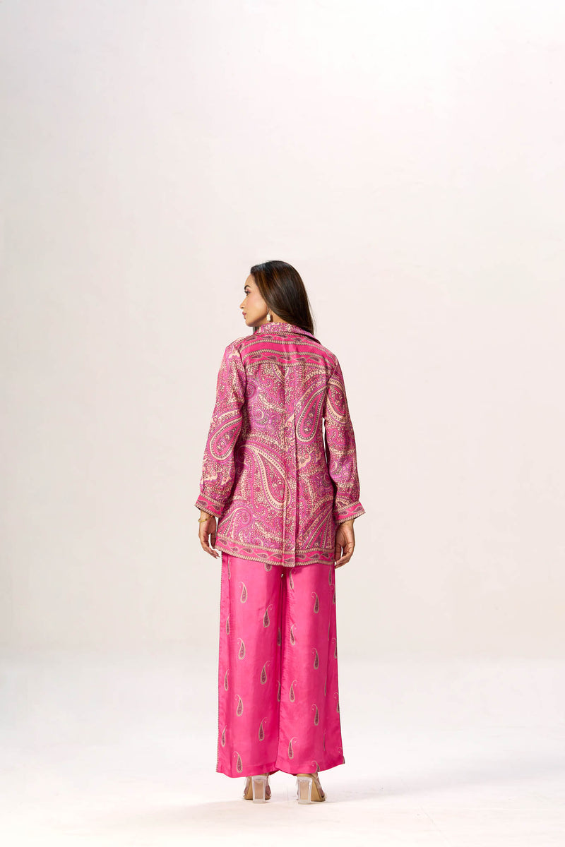 Pink paisley viscose crepe shirt co-ord - full look