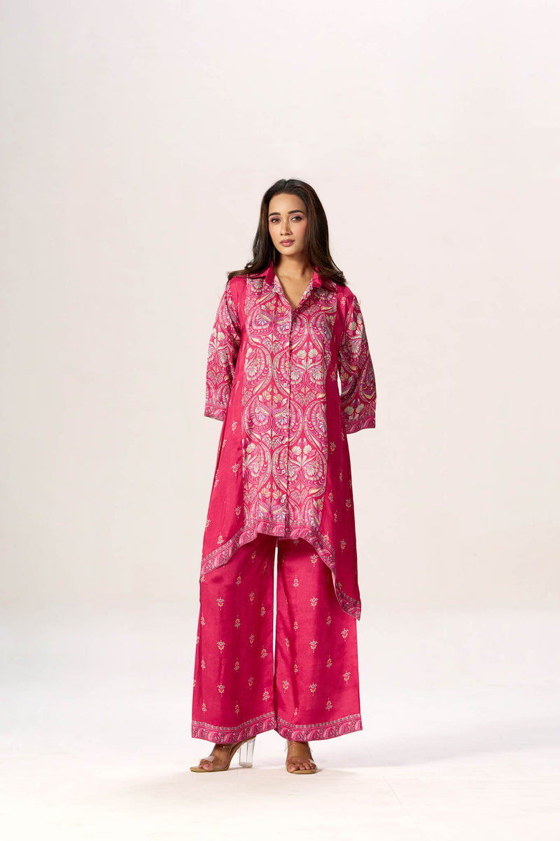 Fuchsia asymmetric viscose crepe tunic set - full look