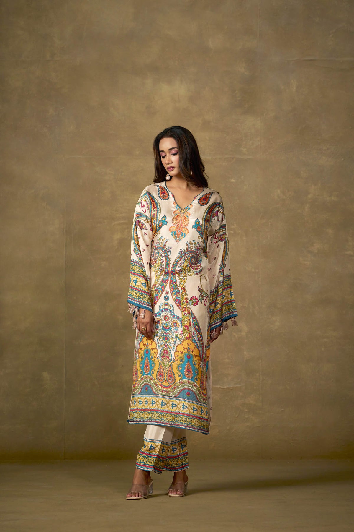 Ivory multicolor paisley viscose kurta pant set - front view