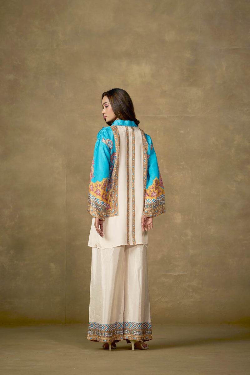 Turquoise and ivory paisley viscose tunic palazzo set - back view