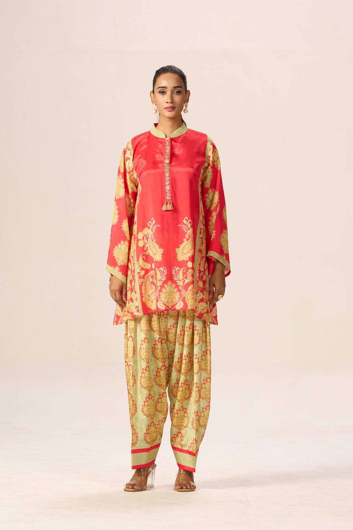 Coral and olive viscose printed co-ord set front view