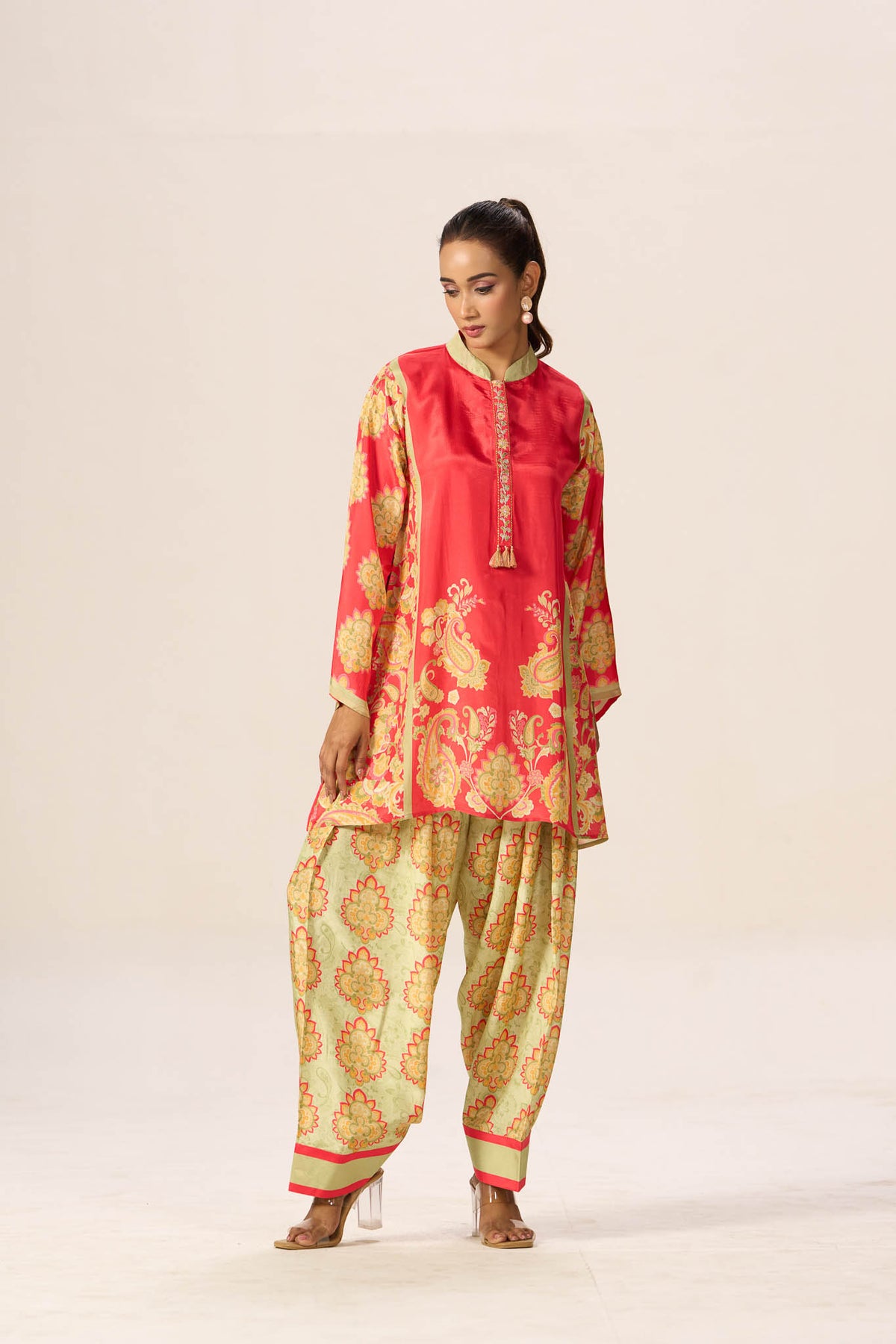 Coral and olive viscose printed co-ord set angled front view