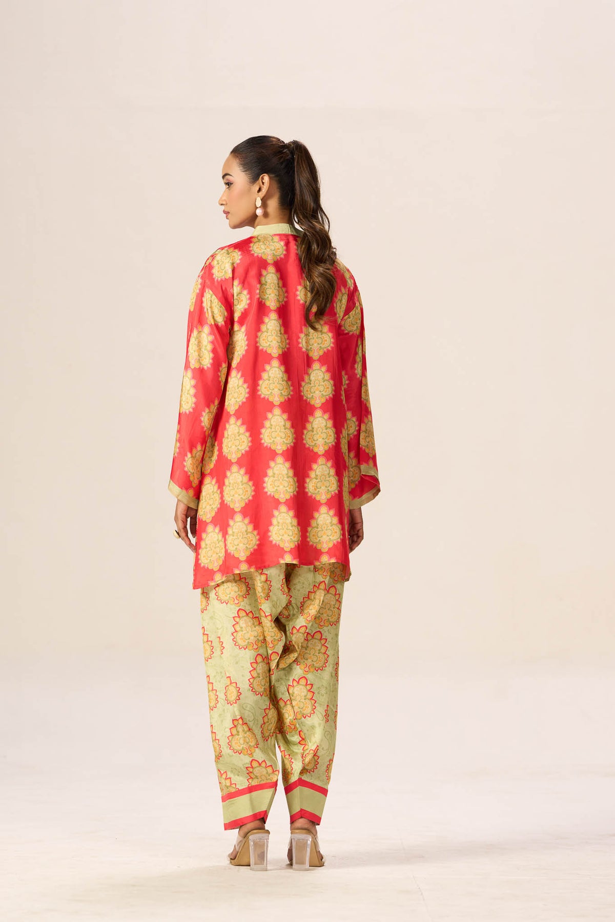 Coral and olive viscose printed co-ord set back view