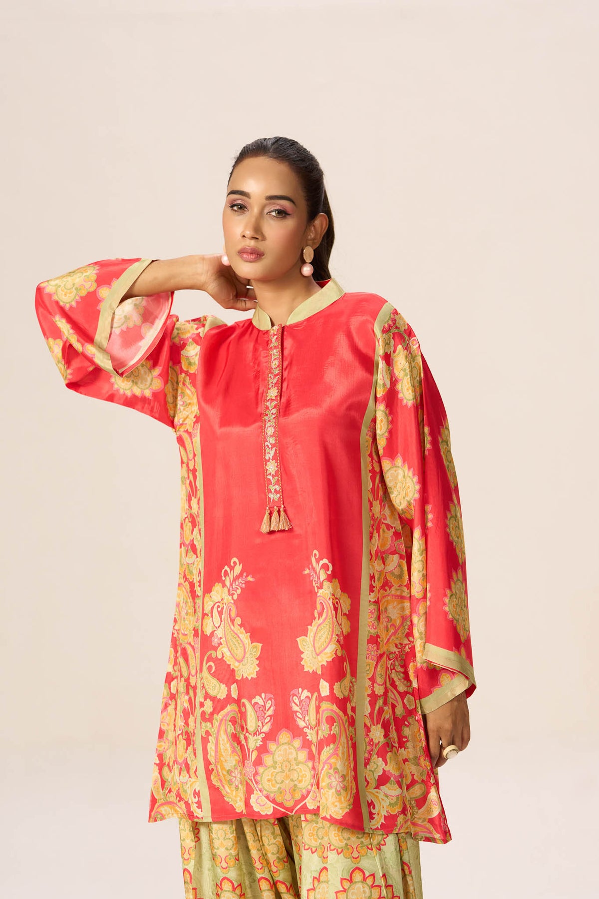 Coral viscose printed co-ord set upper body view