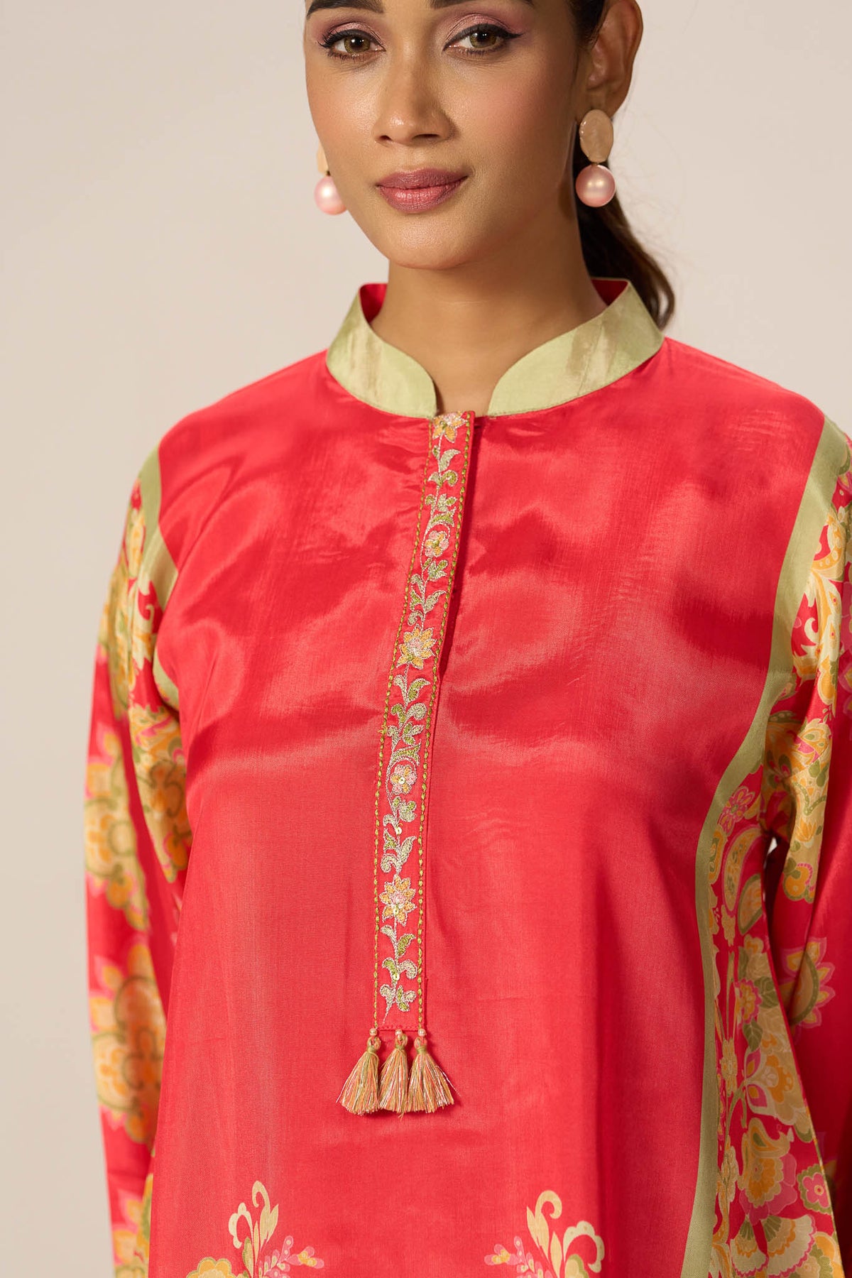 Coral viscose co-ord set embellished neckline and tassel detail