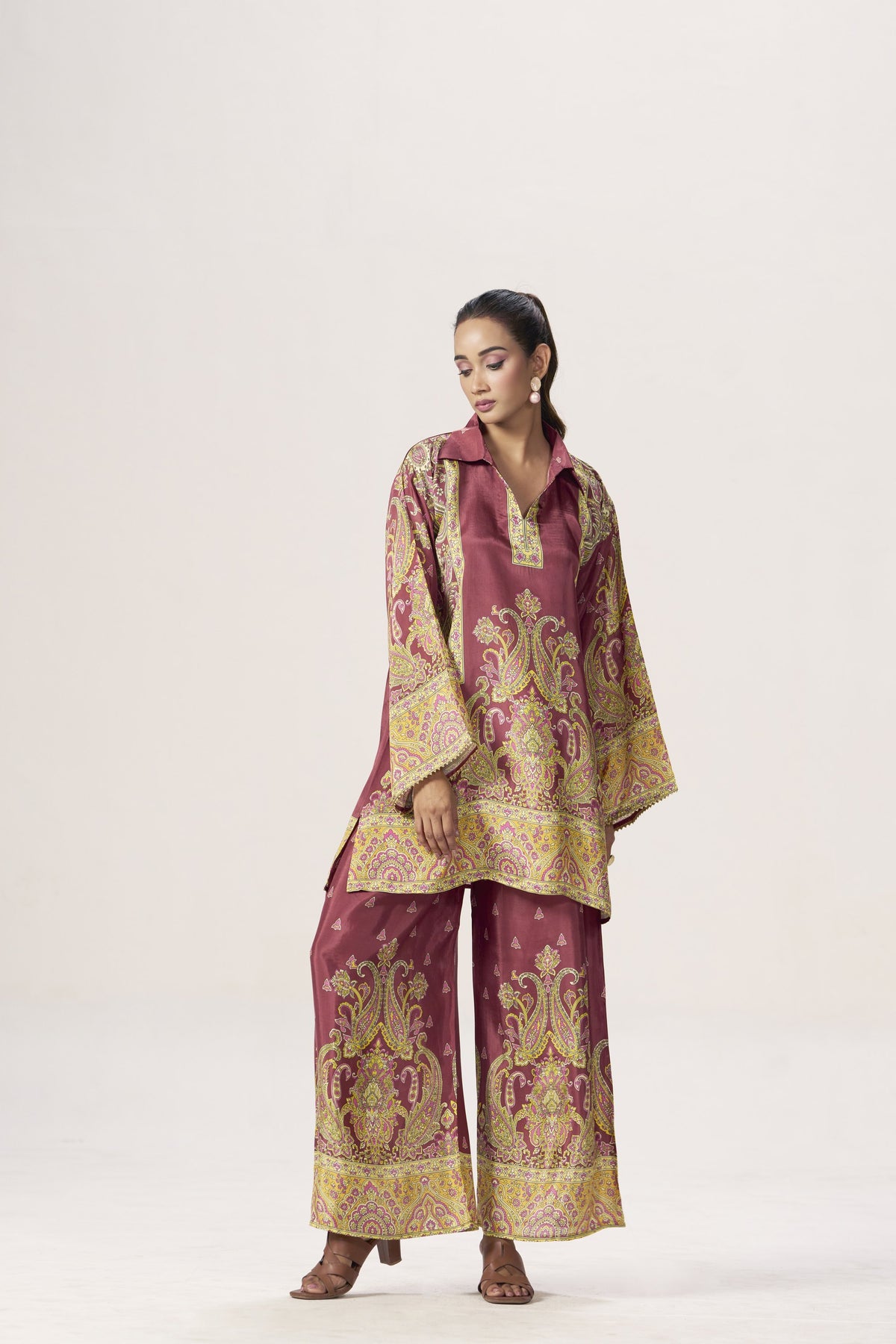 Dusty rose viscose crepe collared tunic set - full look