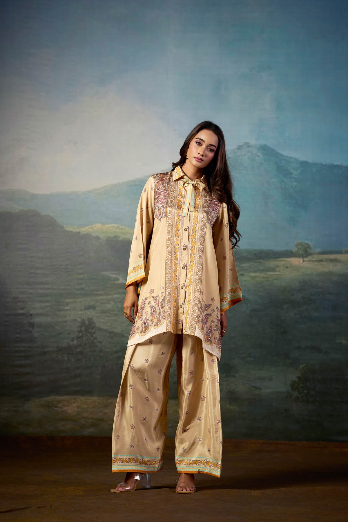 Ivory border print longline shirt set - back view